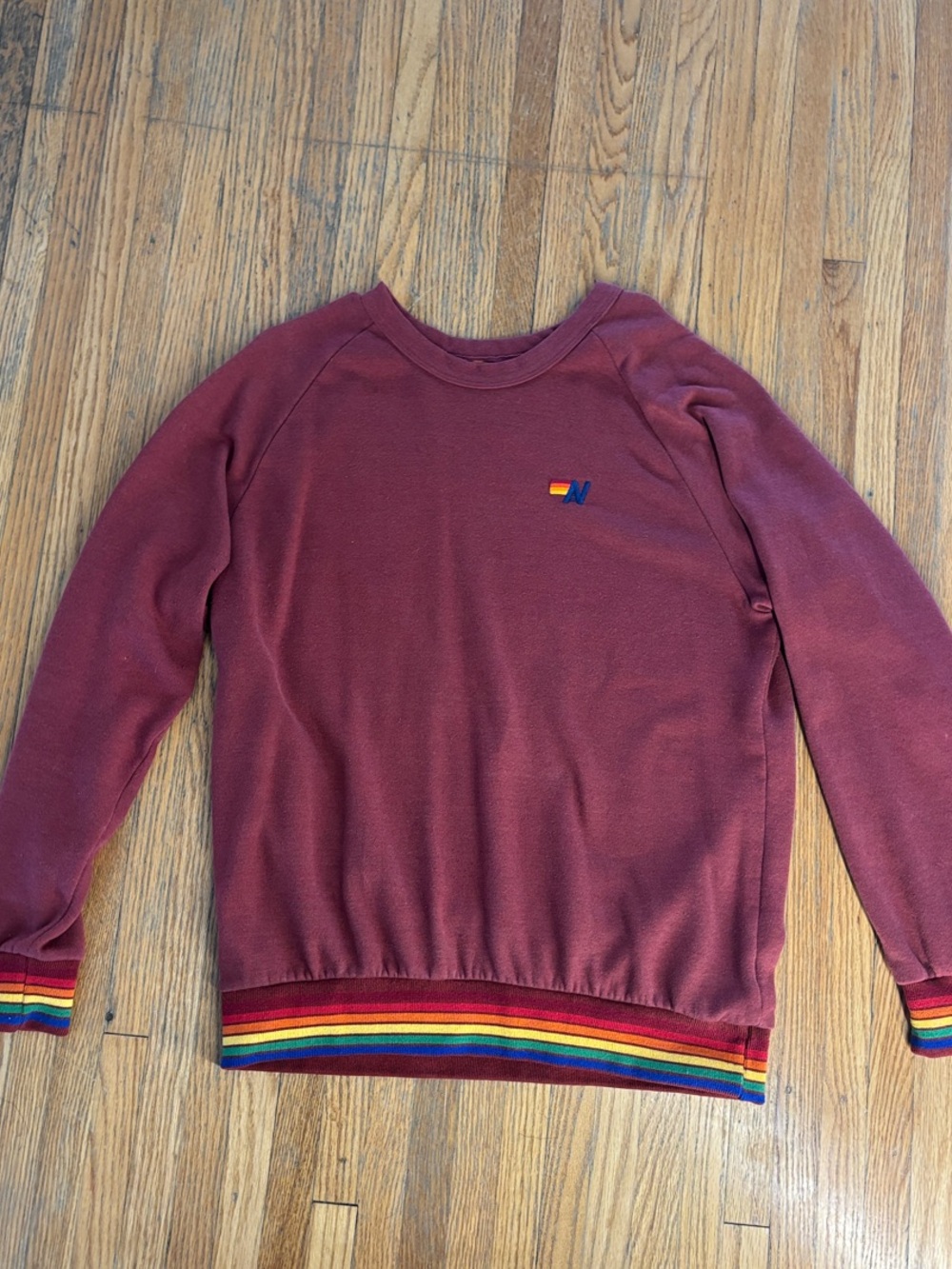 Aviator Nation Maroon Crewneck Sweater with Rainbow Trim